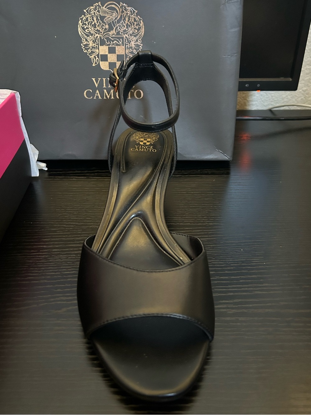 Vince Camuto Black Leather Open-Toe Ankle-Strap Heel